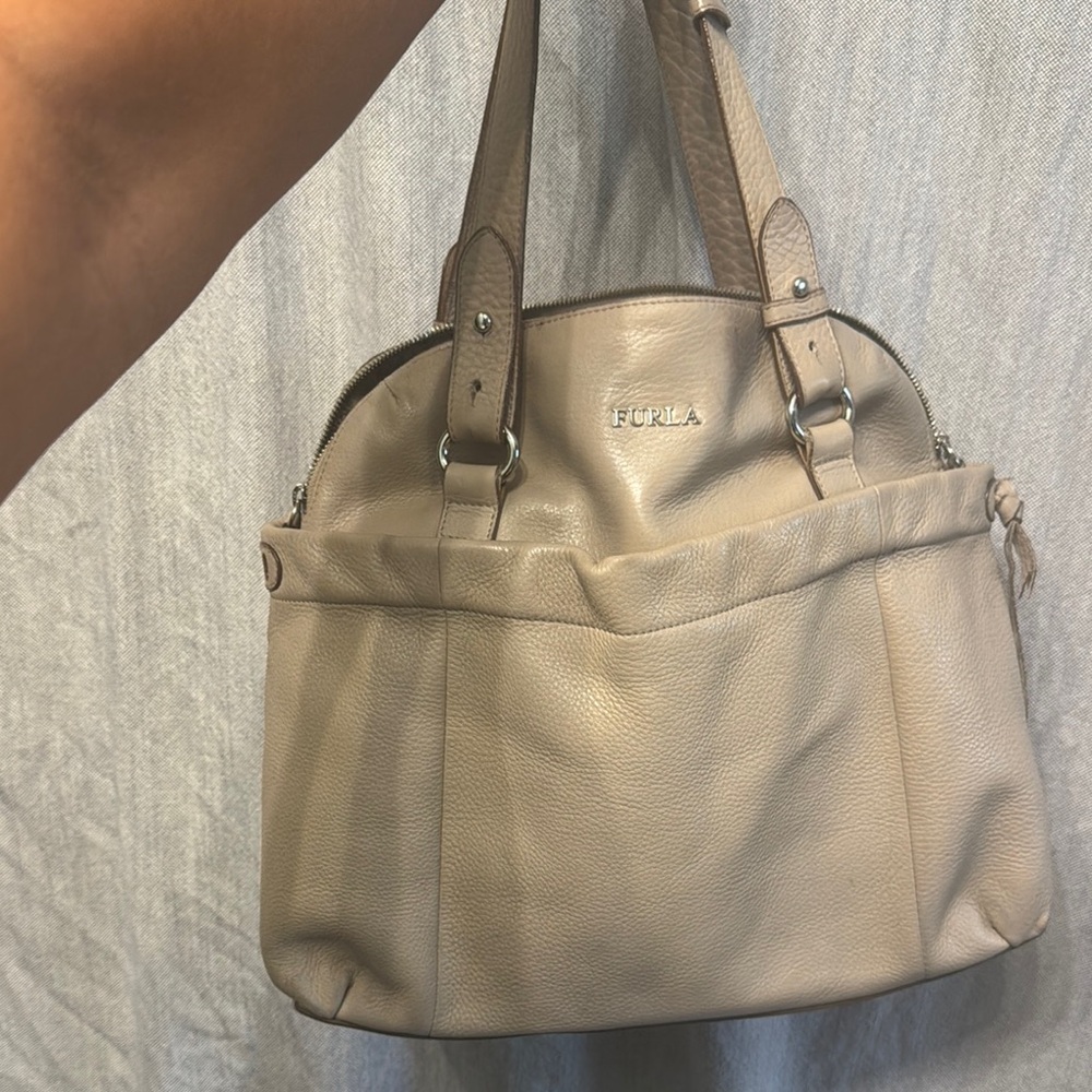 Furla Tan Leather Shoulder Bag with silver Hardware  some wear on bag and straps